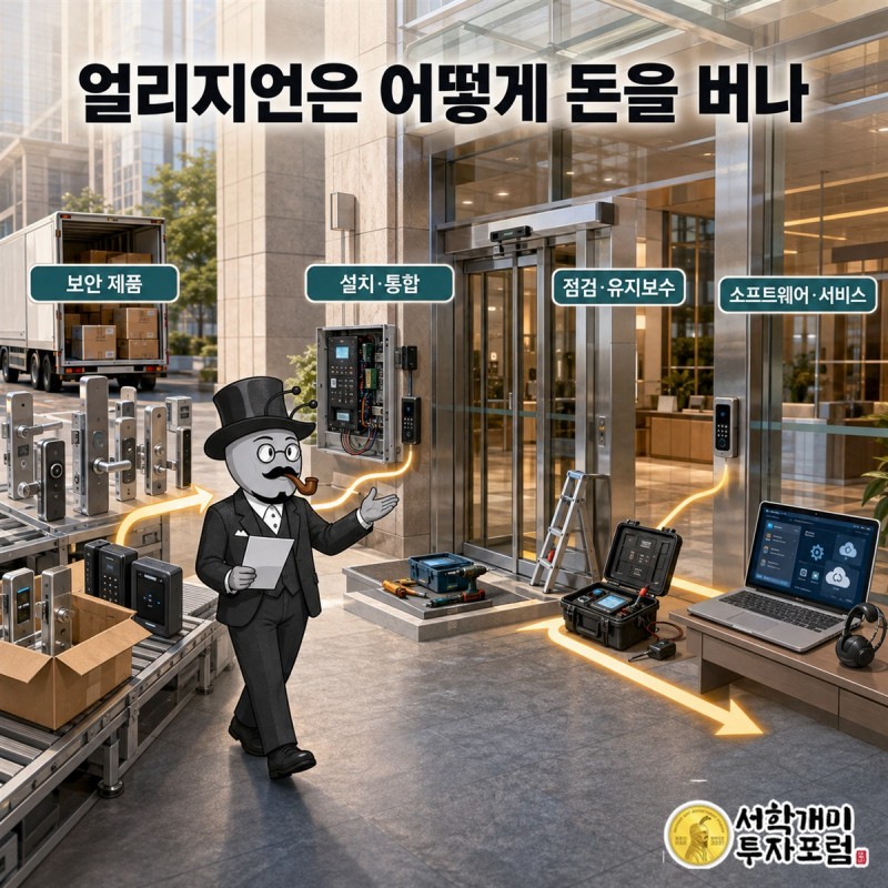 건물의 문을 따라 잠금장치 판매에서 새 설치, 교체, 관리로 이어지는 얼리지언의 돈 흐름과 고객 접점을 설명하는 회사 구조 장면