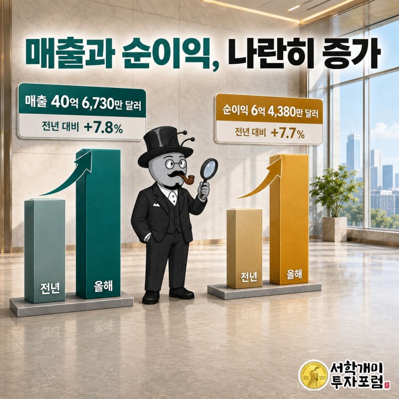 제품 판매 규모를 보여 주는 매출과 본업의 영업이익, 마지막 순이익, 다음 준비를 위한 연구개발비가 이전 해보다 모두 늘어난 흐름을 비교한 실적 장면