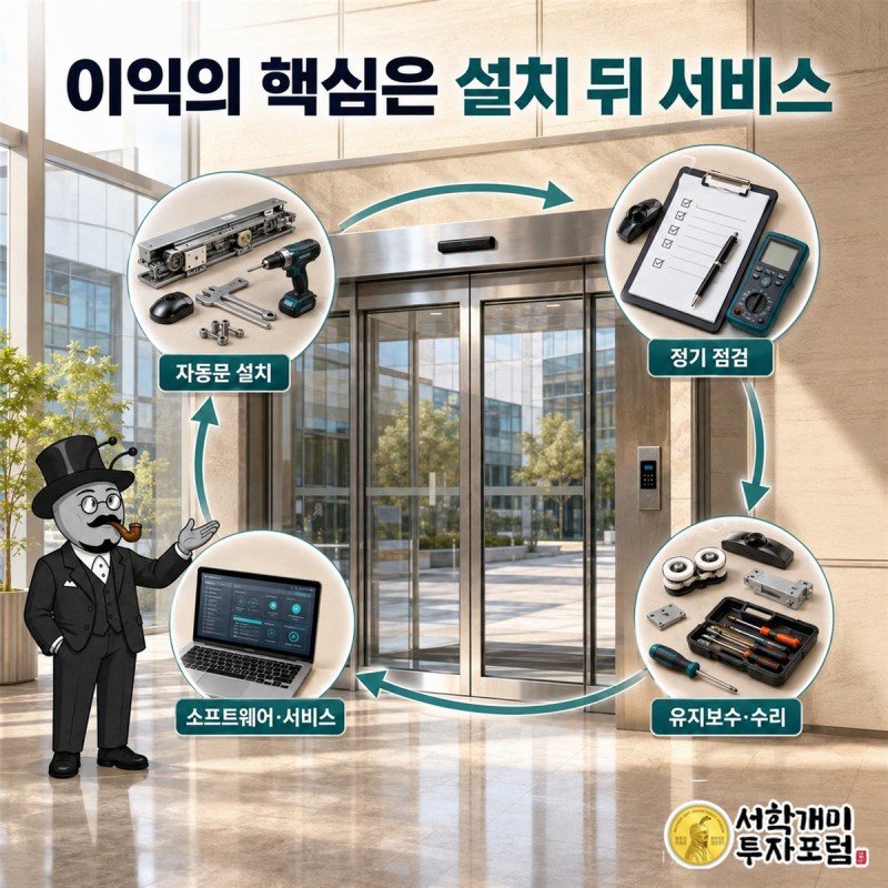 출입구 보안 제품이 한 번의 판매로 끝나지 않고 건물을 쓰는 동안 생기는 교체와 관리 수요로 이어져 고객과 다시 만나는 핵심 구조 장면
