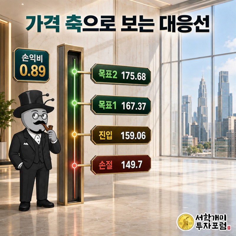 기준가와 진입, 손절, 두 목표를 서로 다른 간격으로 표시한 얼리지언 가격 축 장면
