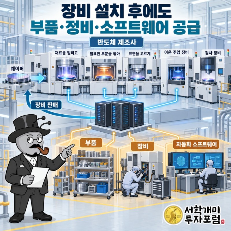 반도체 제조사에 장비를 팔고 설치 후 부품·정비·자동화 소프트웨어를 공급하는 사업 구조