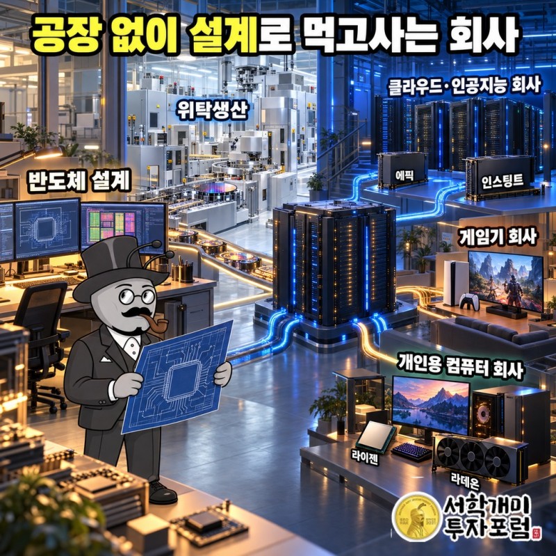 AMD가 칩을 설계하고 TSMC가 생산하며 클라우드·AI 회사, 게임기 회사, PC 회사가 사 가는 구조