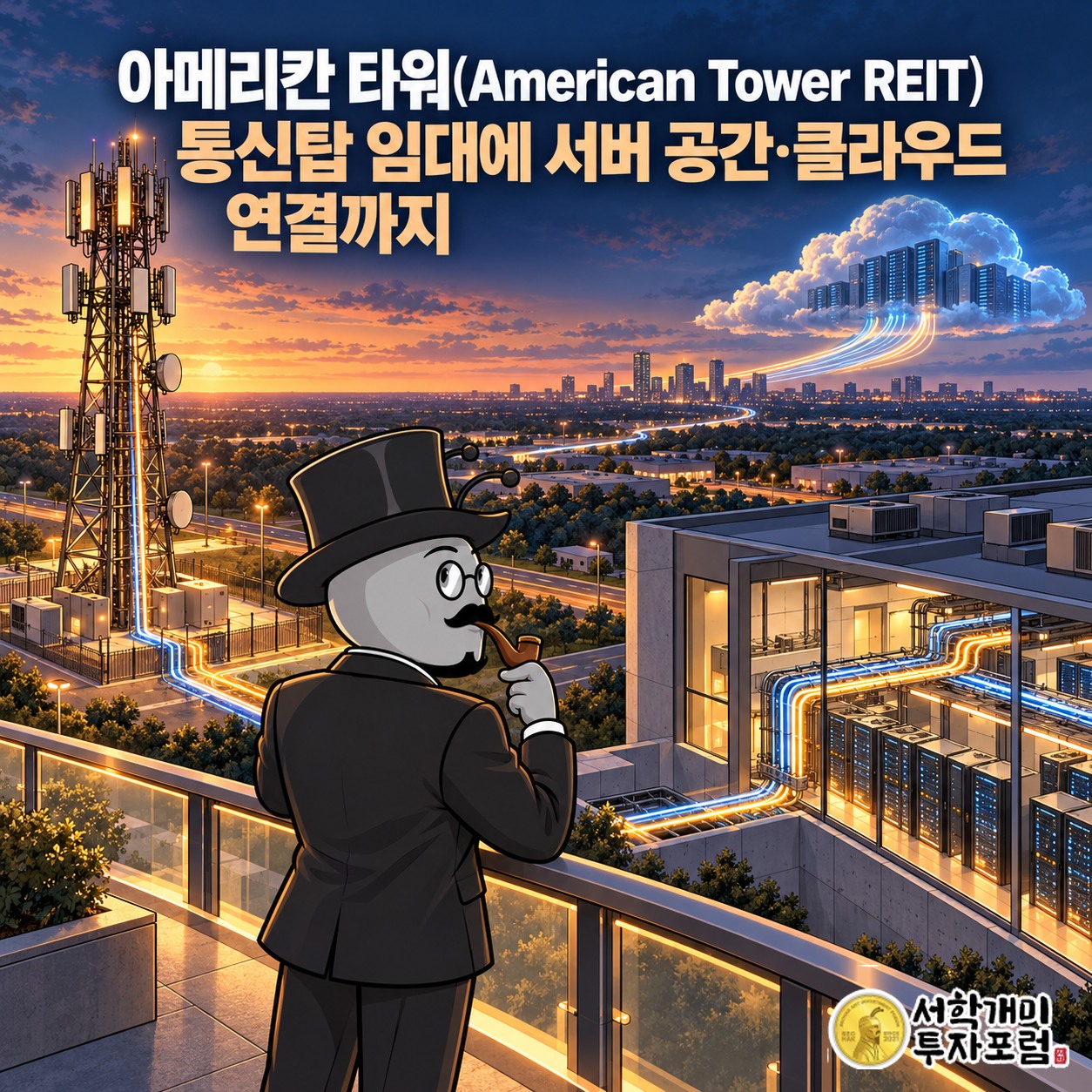 통신탑과 서버 시설을 연결해 아메리칸 타워의 통신탑 임대와 클라우드 연결 사업을 보여 주는 장면