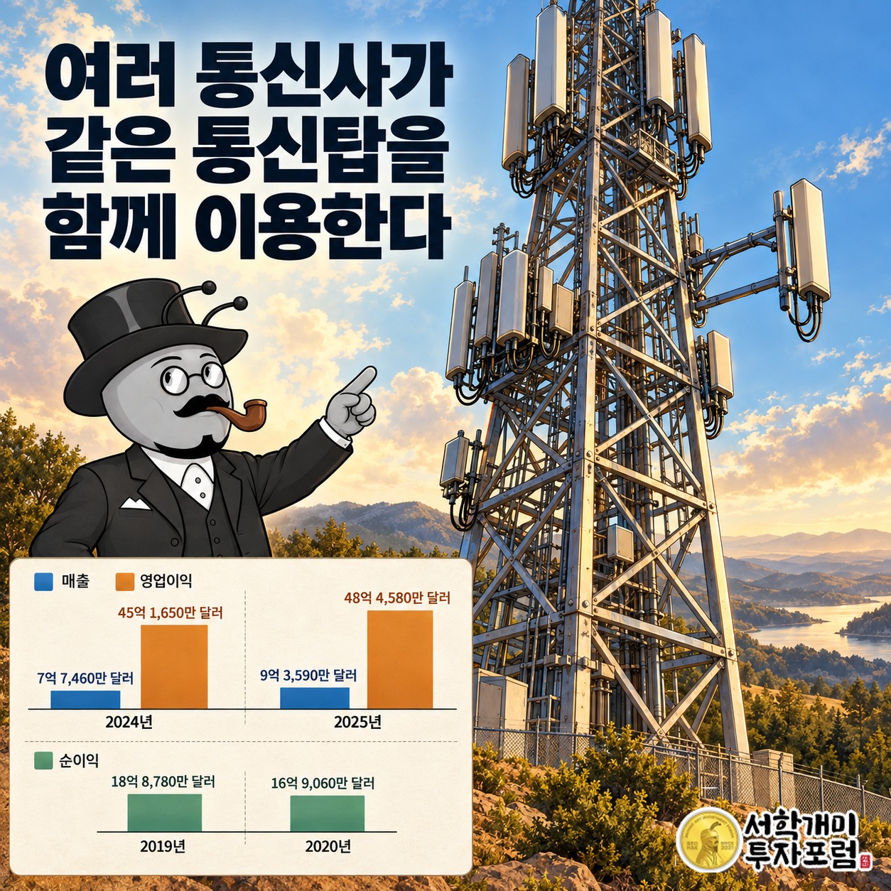 여러 통신사의 안테나가 같은 통신탑을 함께 이용하는 구조와 기존 탑에 장비를 더하는 모습