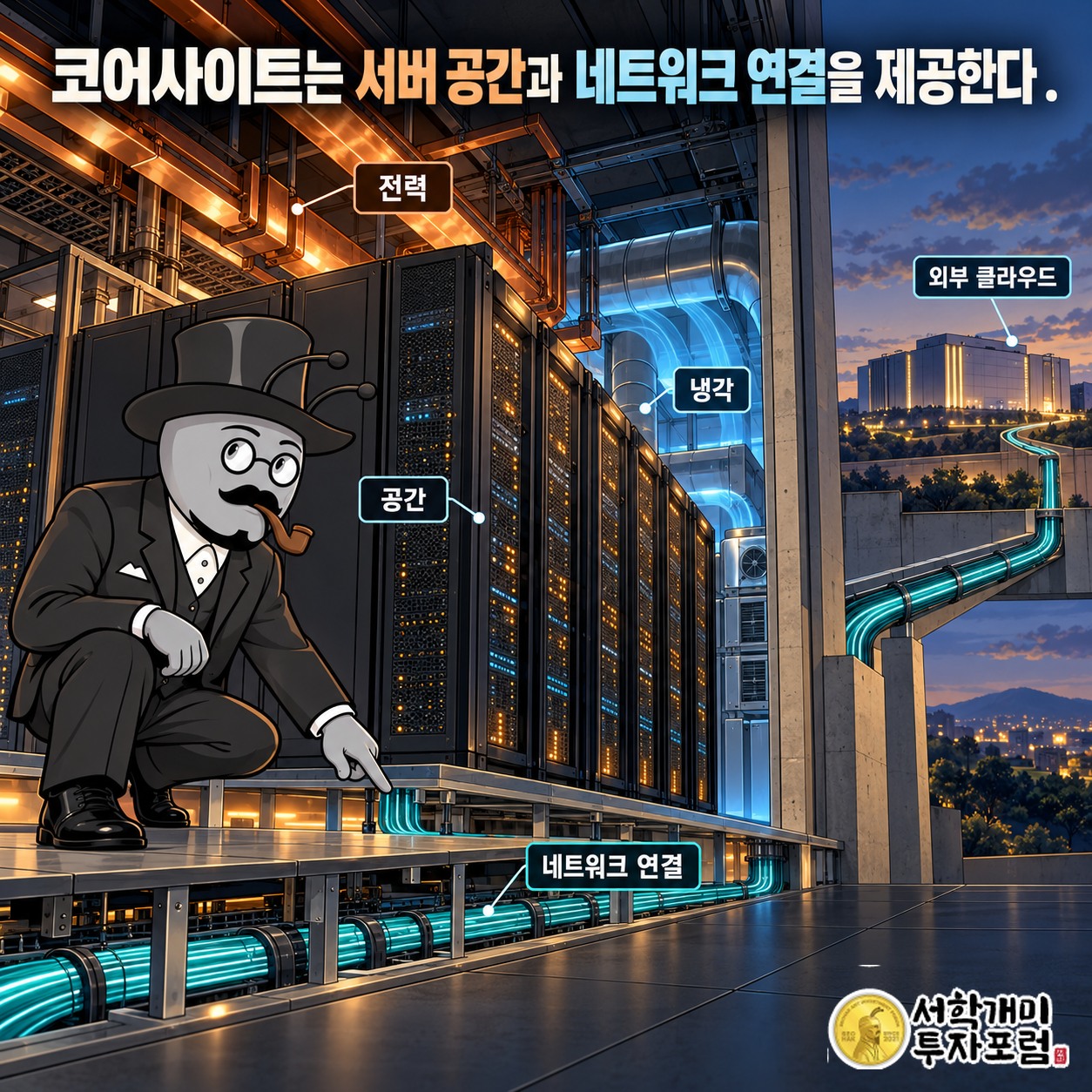 코어사이트 서버 시설에서 공간·전력·냉각과 외부 네트워크 연결을 함께 제공하는 모습