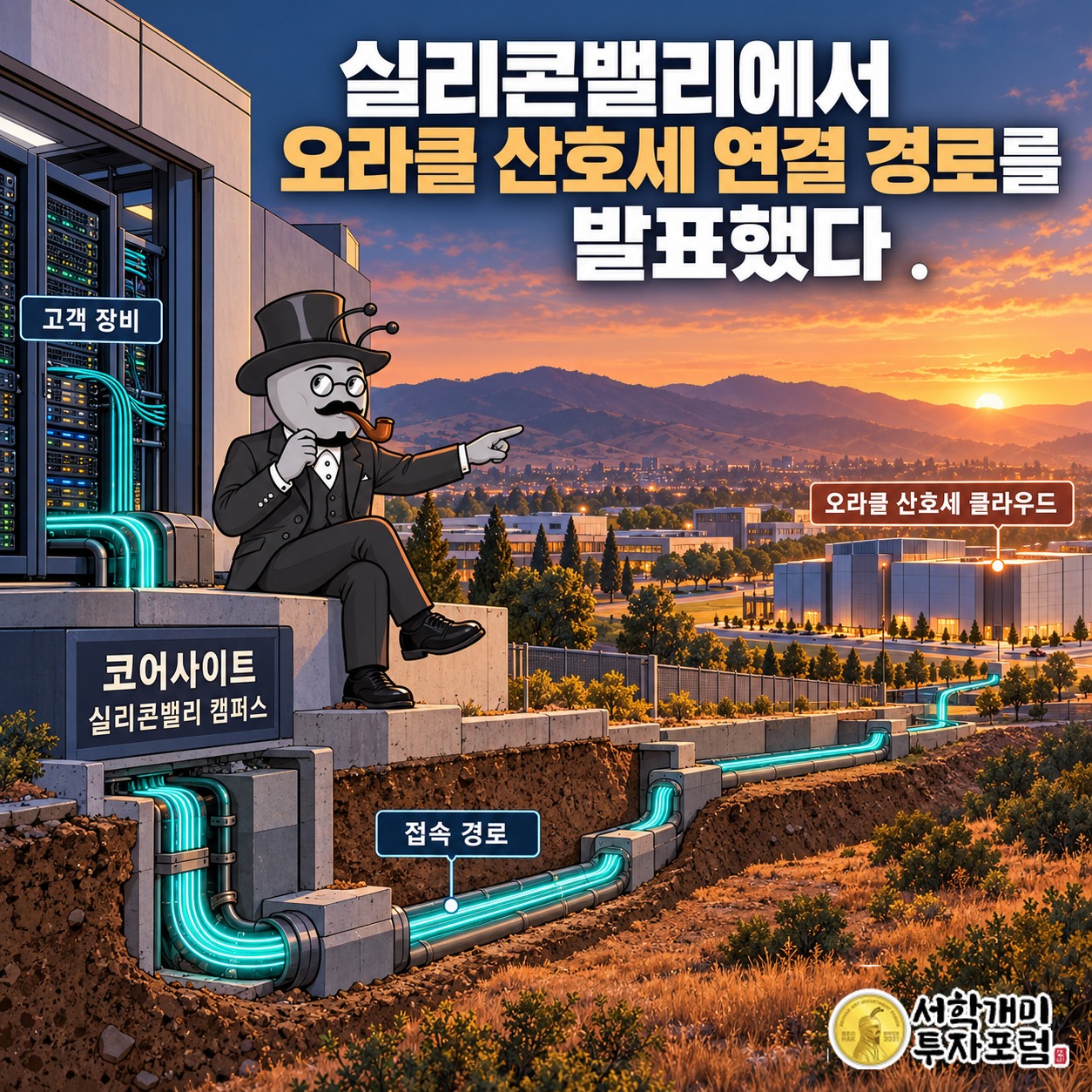 코어사이트 실리콘밸리 캠퍼스의 고객 장비에서 오라클 산호세 클라우드로 이어지는 접속 경로