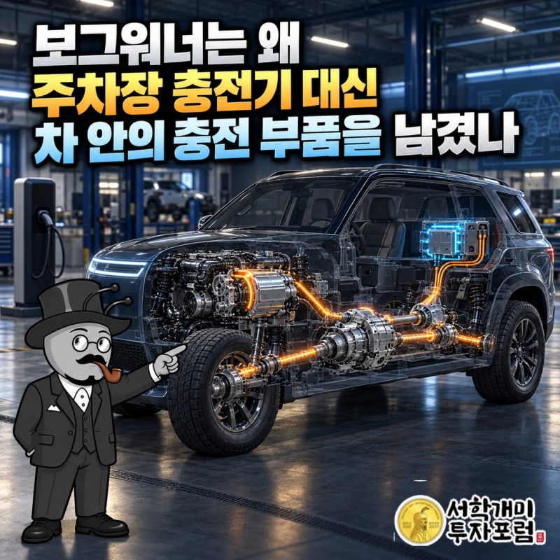 엔진과 전기모터의 힘이 사륜구동 부품을 거쳐 네 바퀴로 전달되는 대형 SUV 단면과 보그워너 제목 문구