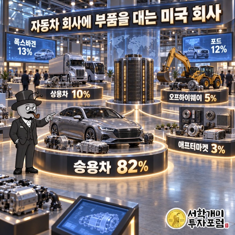 보그워너 매출 구성 도표: 승용차 82%, 상용차 10%, 오프하이웨이 5%, 애프터마켓 3%와 10% 넘는 고객 폭스바겐 13%·포드 12%