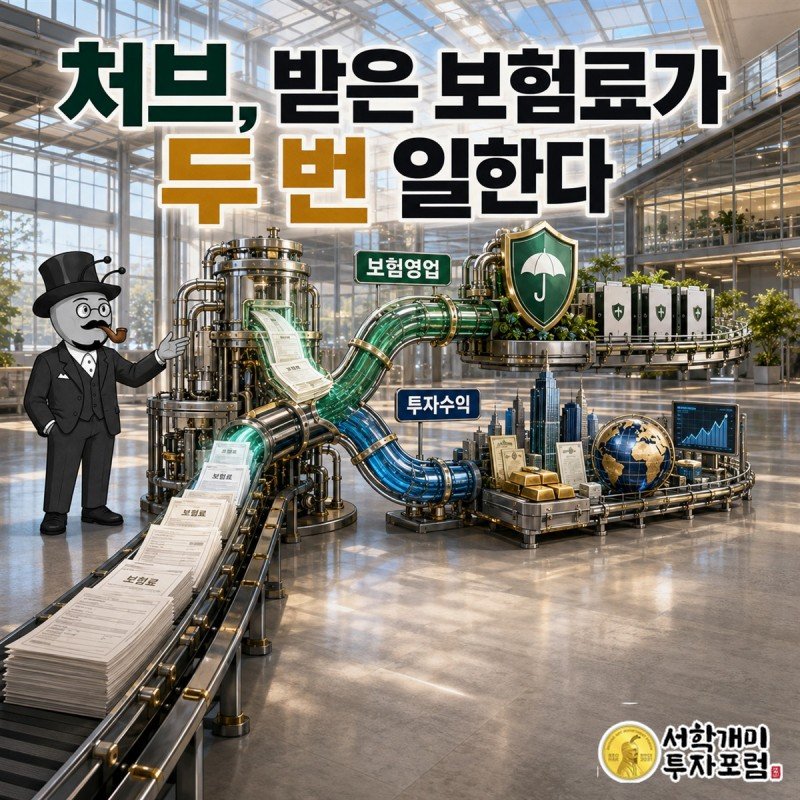 처브가 받은 보험료가 보험 사업과 자금 운용으로 이어지는 모습을 담은 커버 일러스트