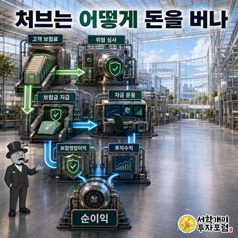 보험료가 들어와 보험금 지급과 자금 운용으로 나뉘는 처브의 사업 구조