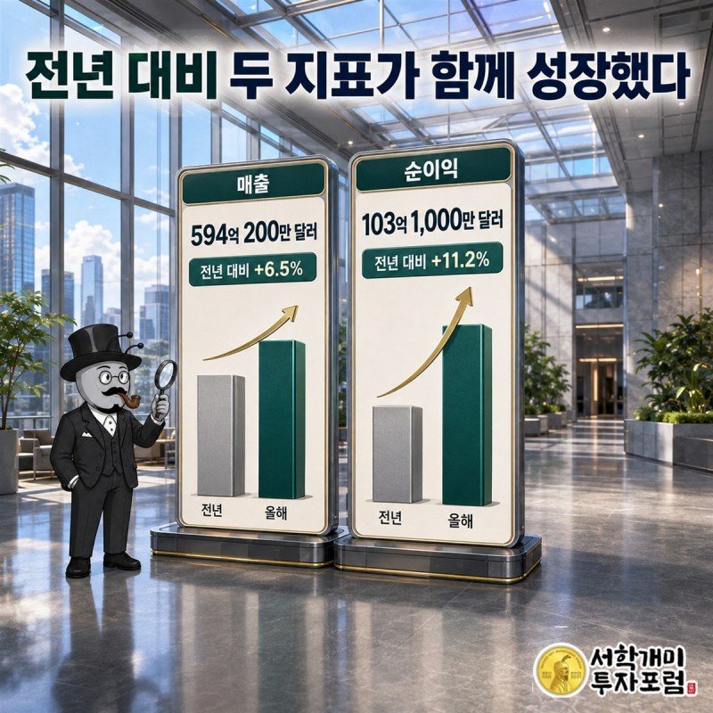 두 기간의 매출과 순이익이 함께 늘어난 흐름을 보여 주는 실적 비교