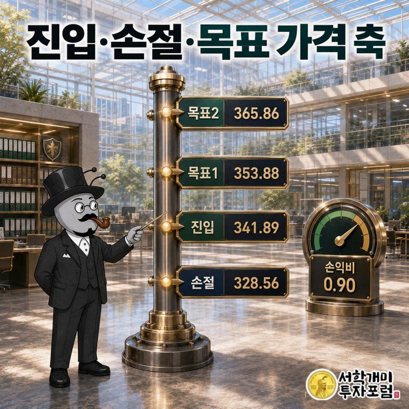 1센트 단위 진입 문턱과 손절선, 두 목표선을 보여 주는 가격 축