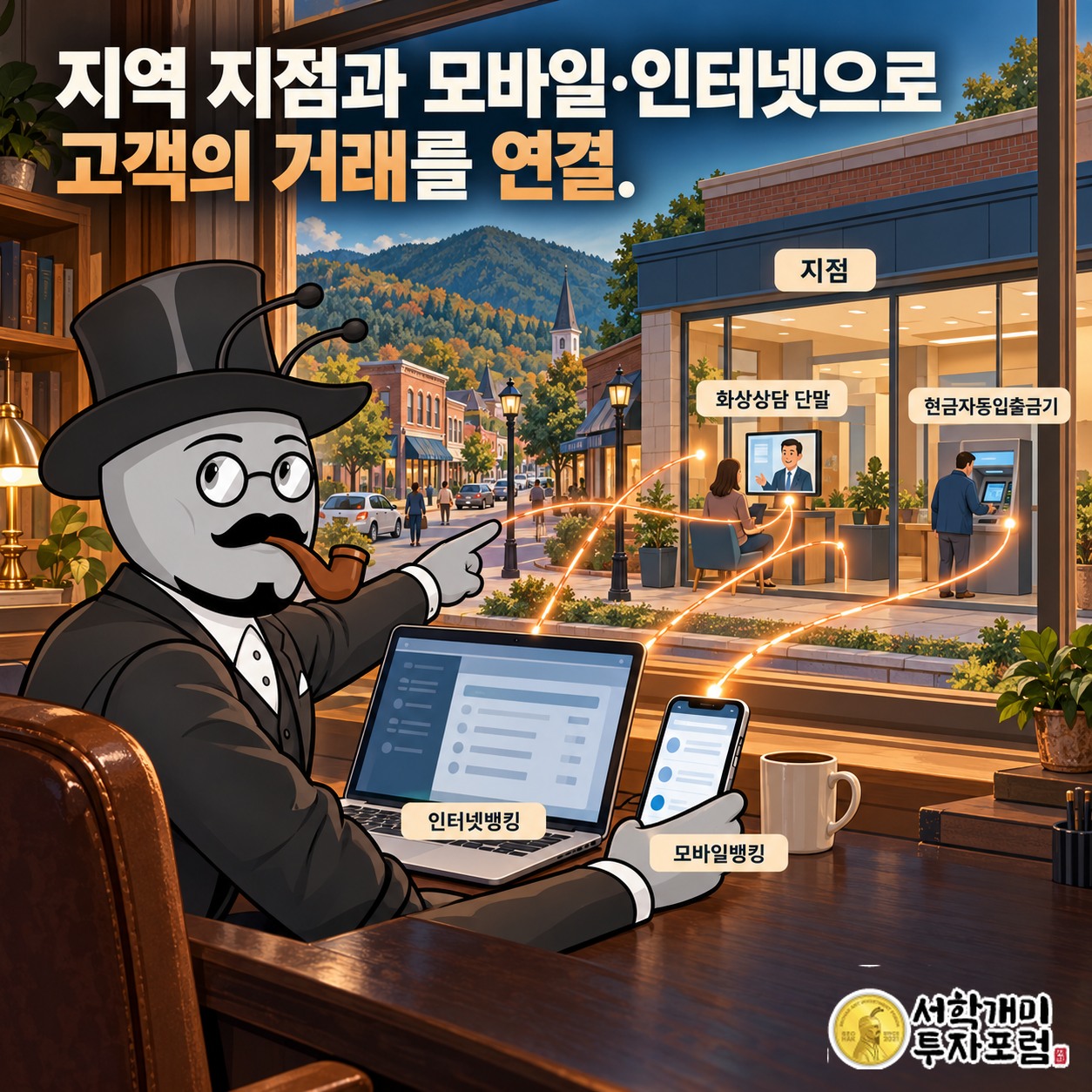 시티 홀딩의 지역 지점과 화상상담 단말, 모바일·인터넷뱅킹이 고객의 은행 이용을 연결하는 모습