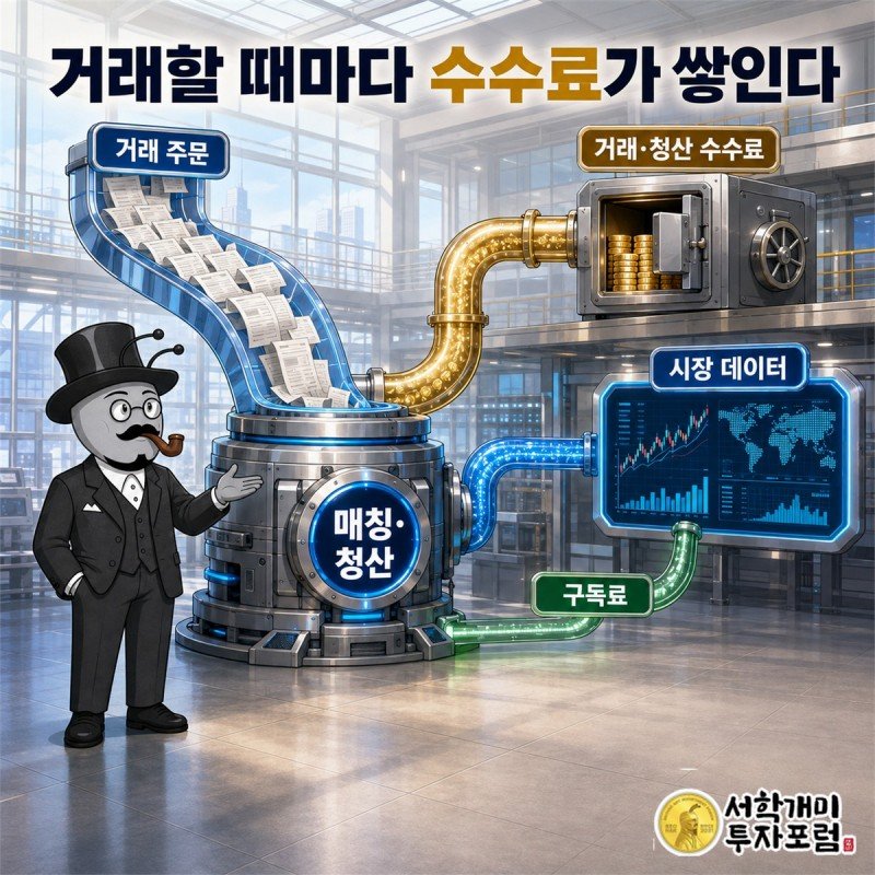 시장 참여자가 선물과 옵션을 거래하고 CME그룹이 계약 체결과 청산을 이어 준 뒤 수수료를 받는 회사 구조 장면