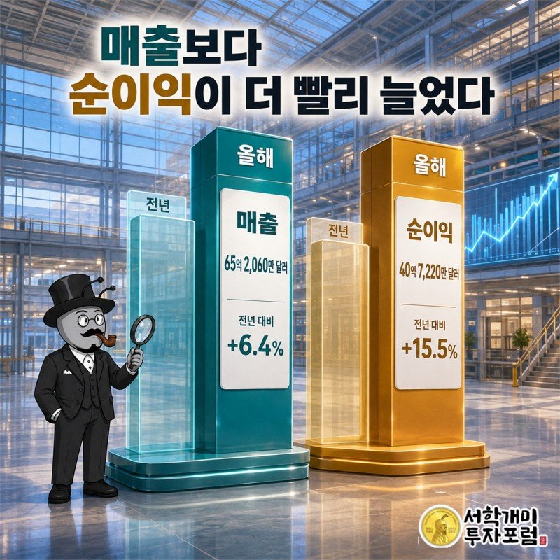 이전 기간과 최근 기간의 매출, 영업이익, 순이익을 나란히 놓고 세 항목이 모두 늘어난 흐름을 보여주는 실적 비교 장면