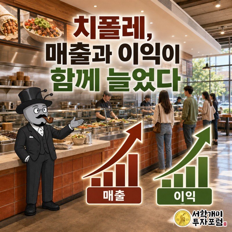 매출과 이익이 함께 늘어난 치폴레를 주문대와 실적 계기판으로 표현한 커버 장면
