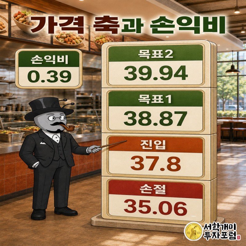 치폴레의 진입과 손절, 두 목표를 1센트 단위로 표시한 가격 축