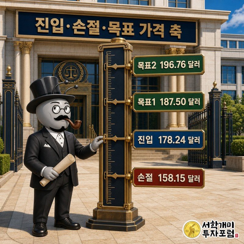 코인베이스의 진입가와 손절가, 두 목표가를 1센트 단위로 표시한 가격 축