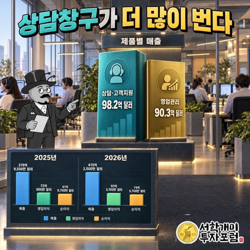 Service Cloud 98.2억 달러와 Sales Cloud 90.3억 달러를 나란히 놓은 세일즈포스 제품별 매출 비교