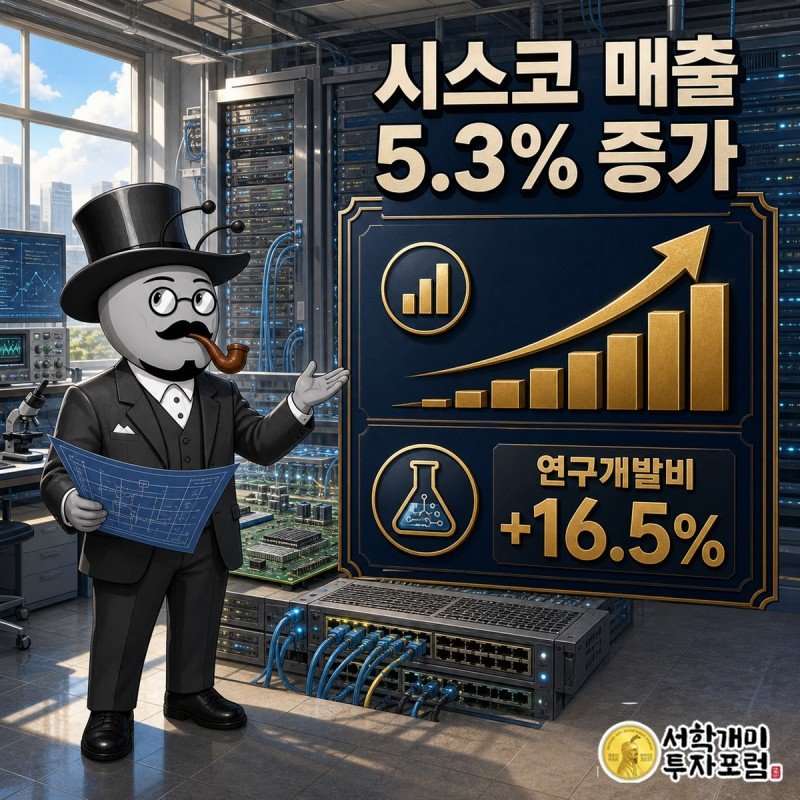 네트워크 장비 매출 증가와 연구개발 투자의 확대를 함께 보여주는 시스코 장면