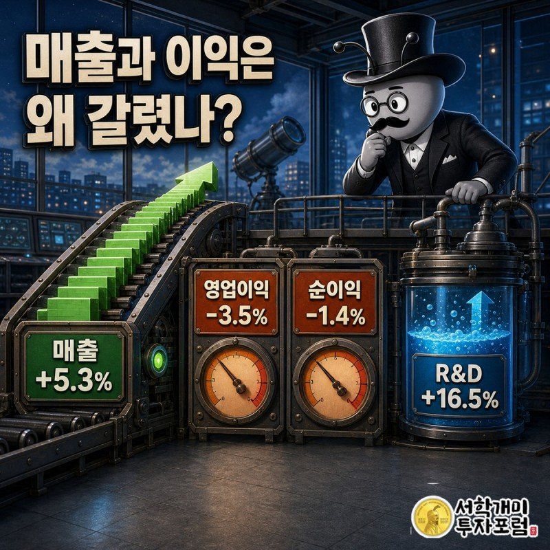 시스코의 매출 증가와 영업이익 및 순이익 감소를 나란히 비교한 실적 장면