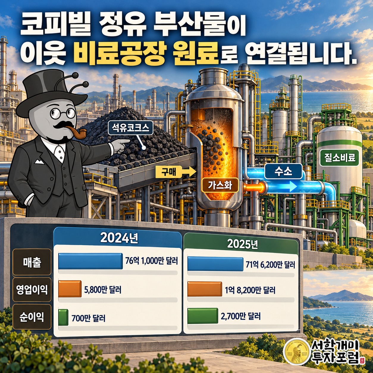 코피빌 정유공장의 석유코크스를 비료공장에서 가스화해 수소를 얻는 과정