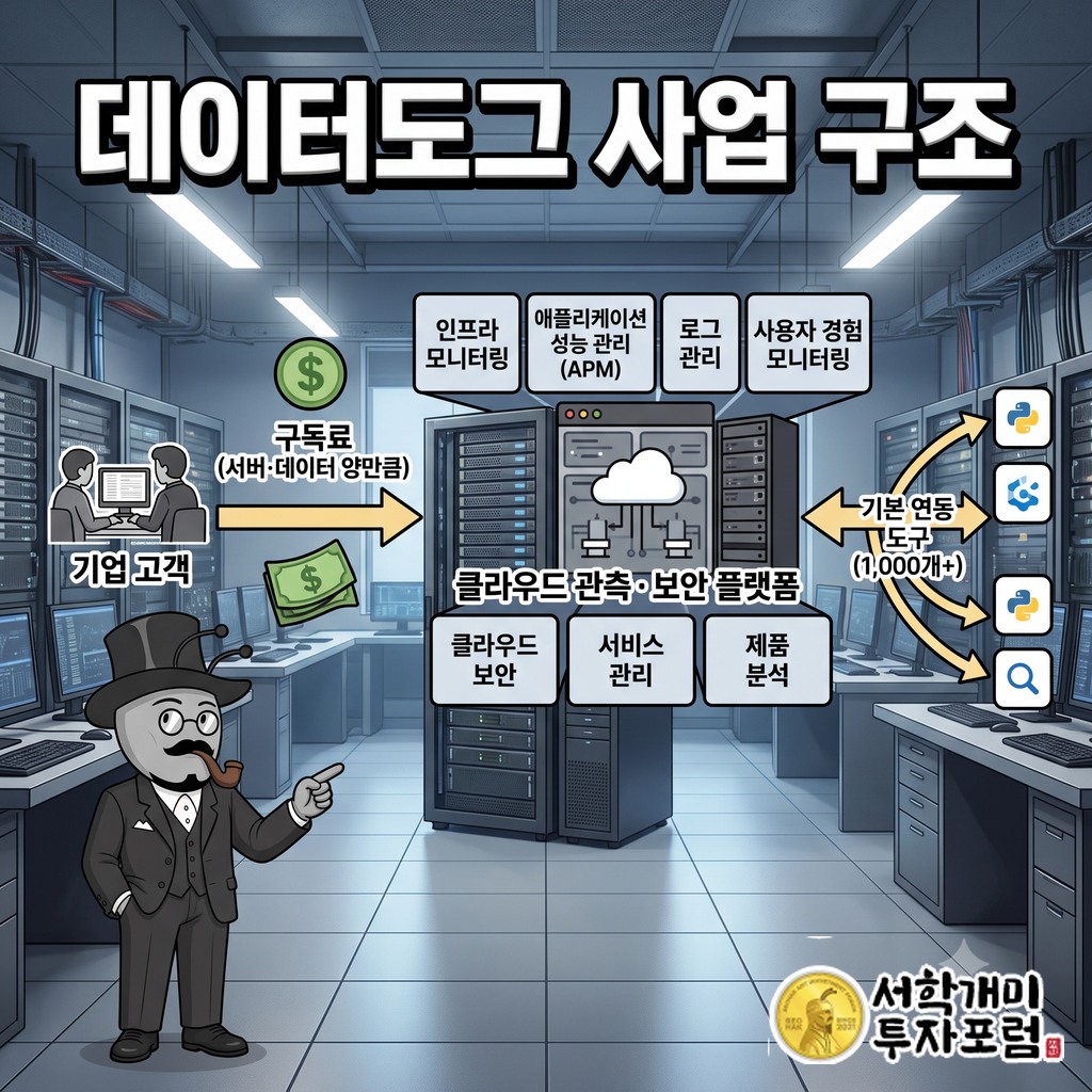 데이터도그 사업 구조, 기업 고객이 서버·데이터 양만큼 구독료를 내고 인프라·앱 성능·로그·보안 모듈을 쓰는 흐름