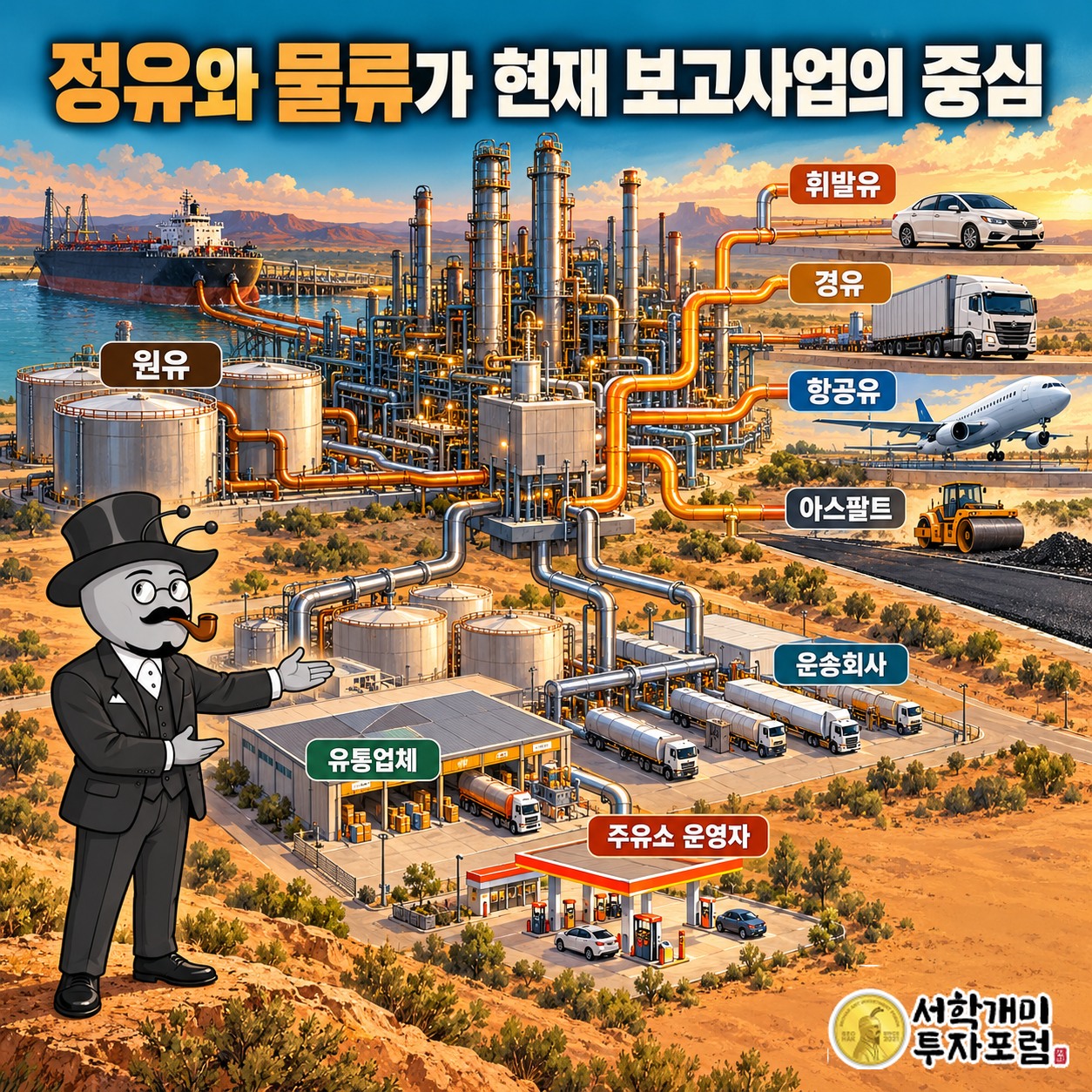 원유를 연료로 가공하고 운송·저장망으로 유통업체와 주유소 운영자에게 공급하는 사업