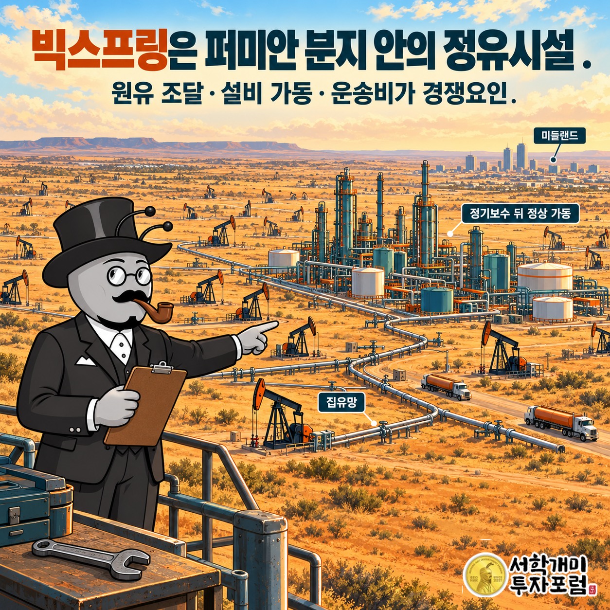 퍼미안 분지의 빅스프링 정유시설과 원유 집유망, 정기보수 뒤 정상 가동의 연결