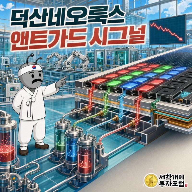 서민개미가 오른쪽으로 계속 올라가는 매출 막대와 아래로 내려온 주가 선을 함께 올려다보는 장면