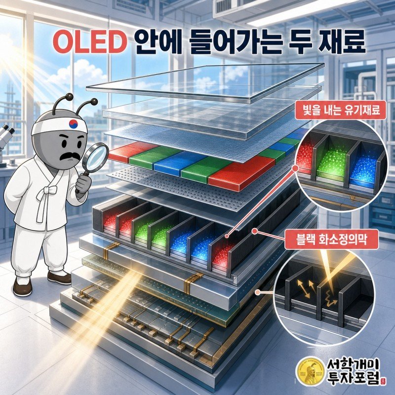 서민개미가 스마트폰 화면 속 발광층 구조를 확대경으로 들여다보는 장면