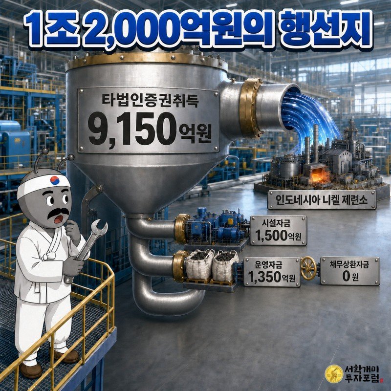 유상증자 자금 1조 2천억원의 배분 - 타법인증권취득 9150억원, 시설자금 1500억원, 운영자금 1350억원, 채무상환 0원