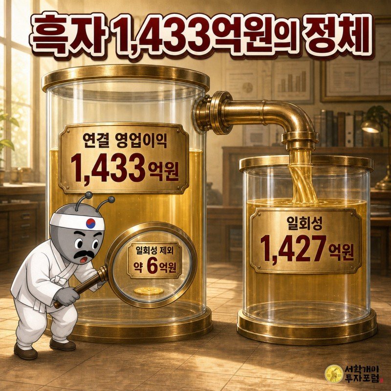 2025년 연결 영업이익 1433억원 중 일회성 1427억원, 이를 제외하면 약 6억원