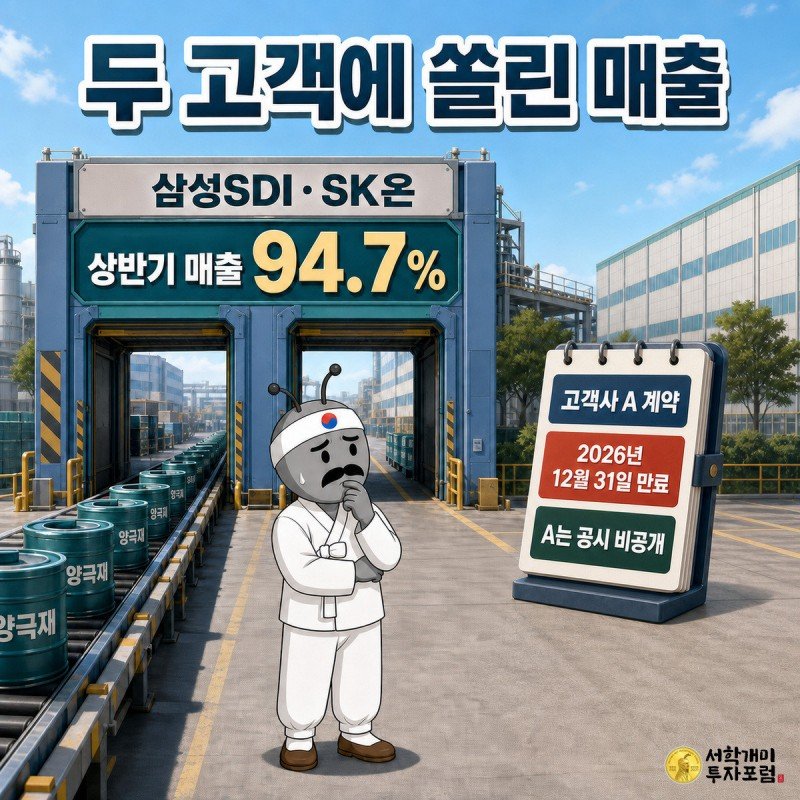 2026년 상반기 매출의 94.7%가 삼성SDI와 SK온 두 곳. 정체가 공개되지 않은 고객사 A와의 계약은 2026년 12월 31일 만료