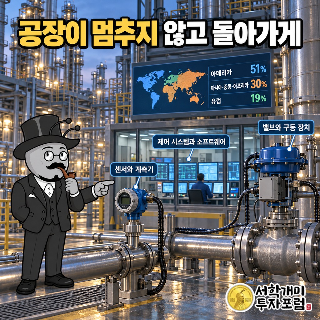 에머슨의 구조: 공장을 가진 기업이 센서·제어 소프트웨어·밸브를 사고, 지역 매출은 아메리카 51%·아시아 등 30%·유럽 19%
