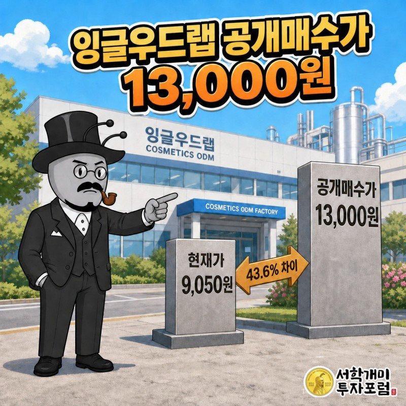 화장품 ODM 공장 앞에서 부자개미가 공개매수가 13,000원 표지판과 현재가 9,050원 표지판의 높이 차이를 가리키는 커버