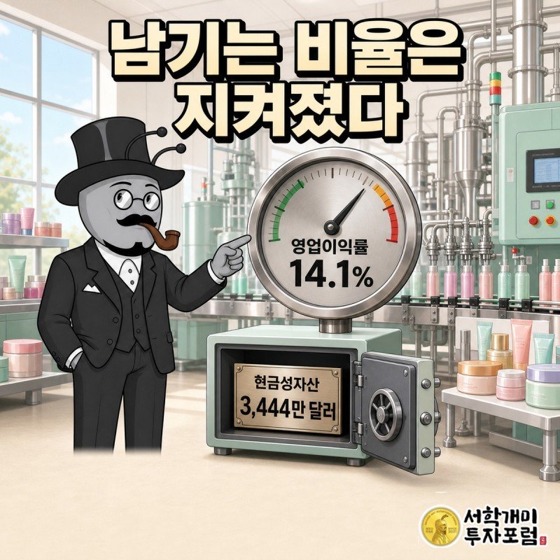 영업이익률 14.1퍼센트 계기판과 현금 3,444만 달러가 담긴 금고를 부자개미가 확인하는 장면