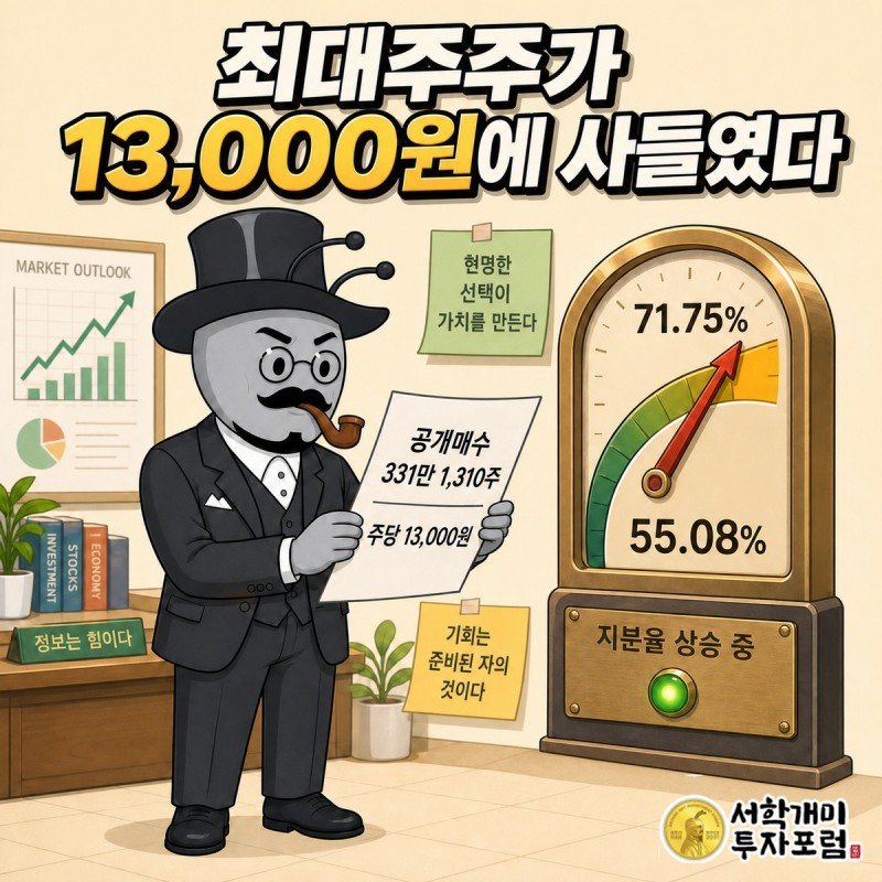 공개매수 13,000원 331만 1,310주와 지분율 55.08퍼센트에서 71.75퍼센트로 오르는 표지판 앞에서 부자개미가 서류를 들고 확인하는 장면