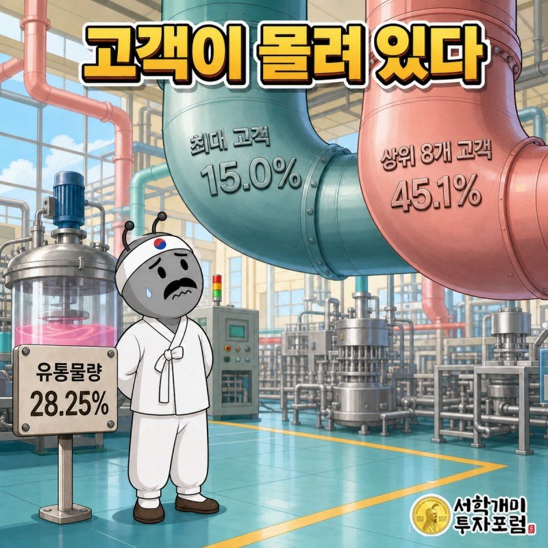 최대 고객 15.0퍼센트와 상위 8개 고객 45.1퍼센트가 새겨진 대형 배관 앞에서 서민개미가 걱정스러운 표정을 짓는 장면