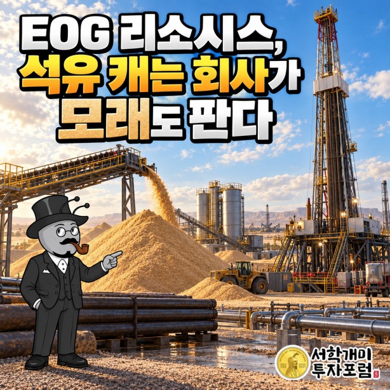 EOG 리소시스, 석유 캐는 회사가 모래도 판다는 제목과 원유 시추 현장 옆에 쌓인 모래 더미