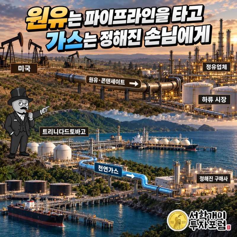 미국 원유는 파이프라인으로 하류 시장에, 트리니다드토바고 가스와 원유는 정해진 구매사로 가는 판매 경로도