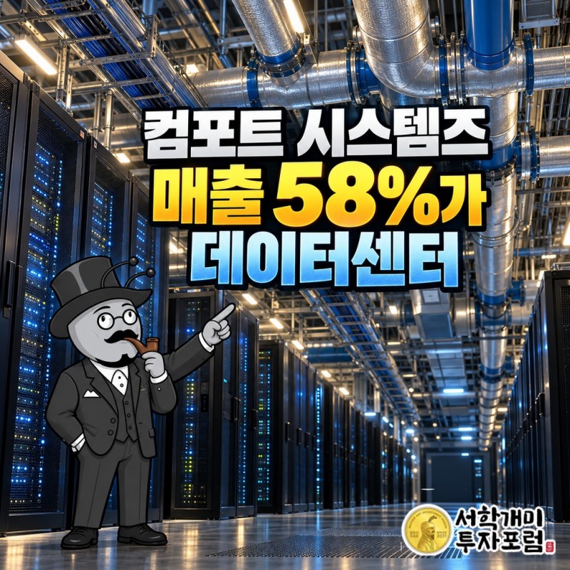 데이터센터 서버실 천장을 지나는 냉각 배관과 전력 배선 위로 컴포트 시스템즈 매출 58%가 데이터센터 고객 몫이 됐다는 제목