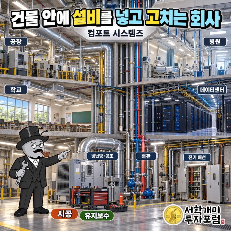 컴포트 시스템즈가 공장·병원·학교·데이터센터 건물에 냉난방·배관·전기 설비를 시공하고 유지보수로 돈을 버는 구조도