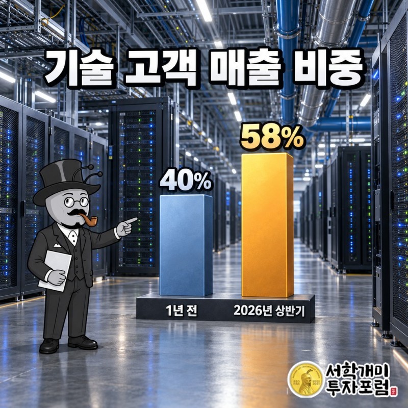기술 고객 매출 비중이 1년 전 40%에서 2026년 상반기 58%로 커진 변화를 보여 주는 막대 비교