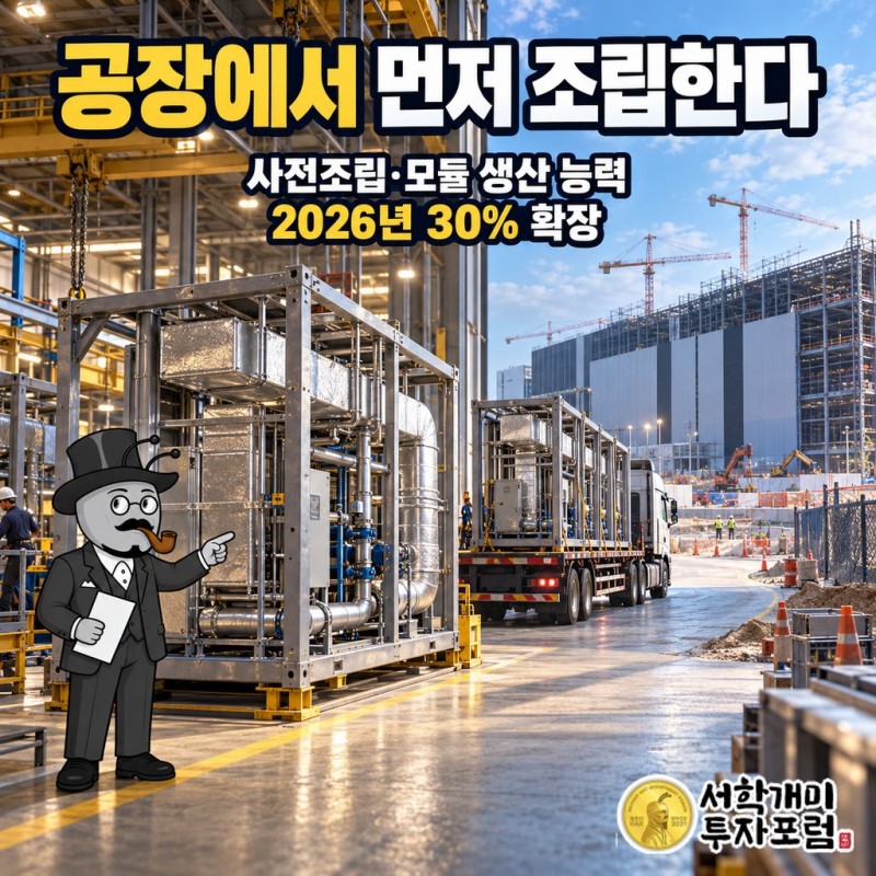 공장에서 미리 조립한 배관·덕트 모듈을 트럭에 실어 데이터센터 공사 현장으로 옮기는 장면
