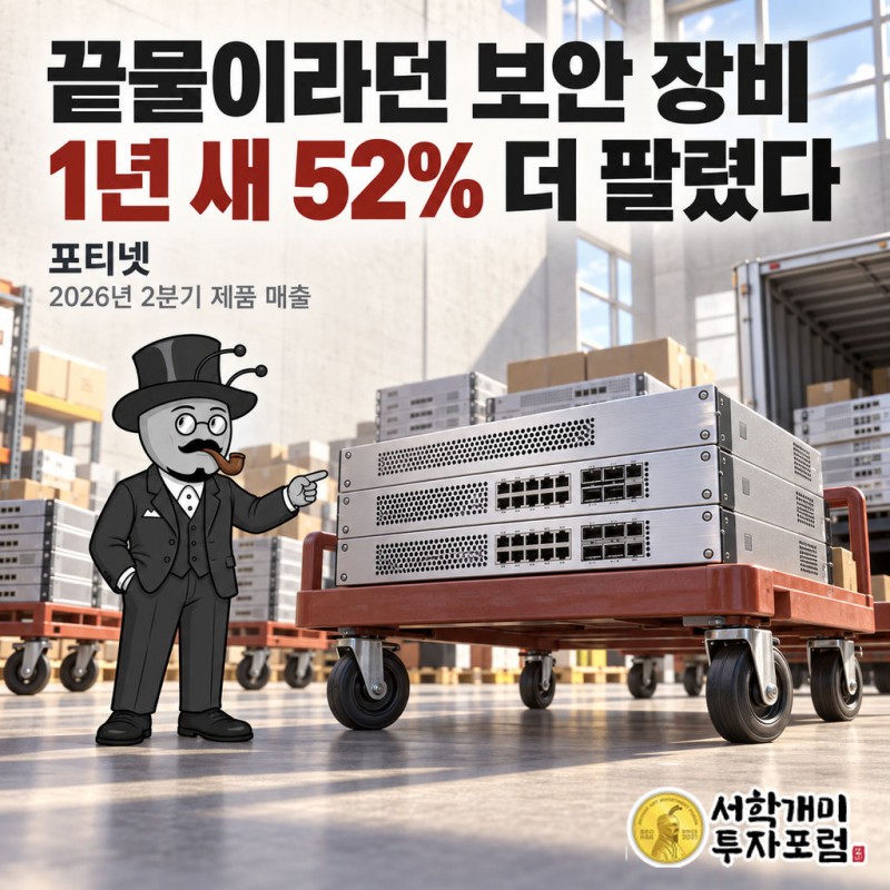 포티넷 보안 장비 박스와 1년 새 52% 늘어난 장비 매출을 담은 커버 이미지