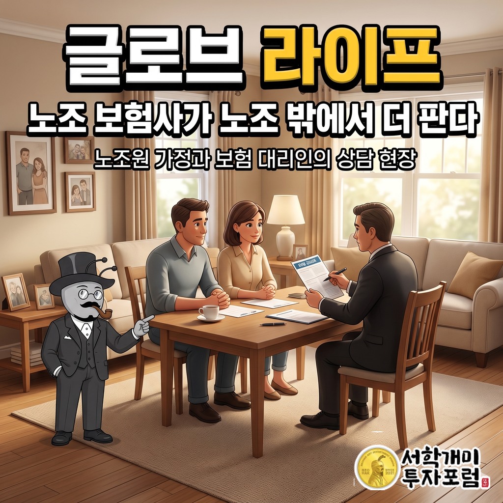 노조원 가정과 보험 대리인이 마주 앉아 상담하는 글로브 라이프 커버