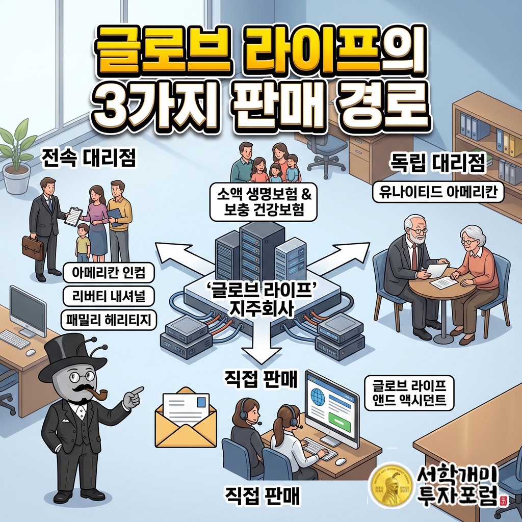 중산층 가정이 소액 생명보험과 보충 건강보험을 사고, 전속 대리점·독립 대리점·직접 판매 세 경로로 파는 글로브 라이프의 구조