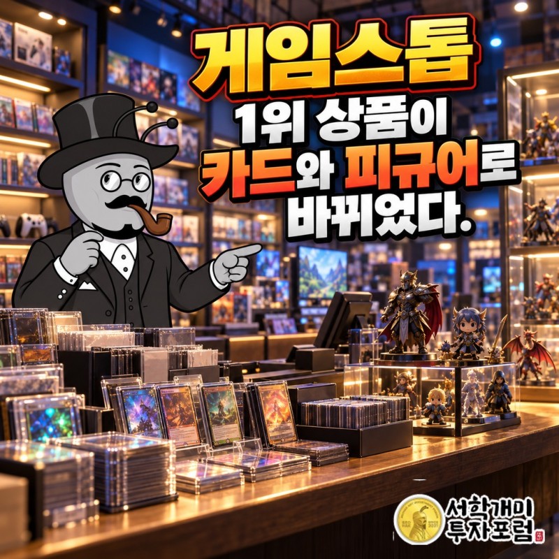 게임스톱 매장 계산대에 트레이딩 카드와 피규어가 놓인 커버 이미지