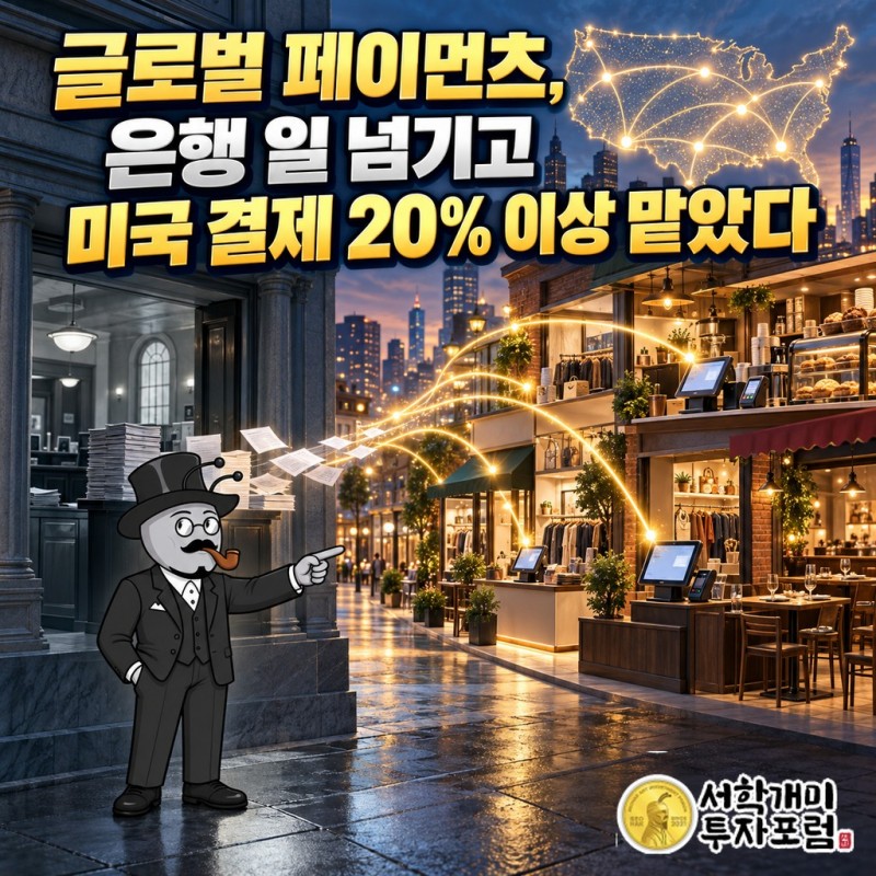 글로벌 페이먼츠가 은행 편 사업을 넘기고 가게 결제에 집중해 미국 결제액 20% 이상을 맡게 된 모습을 담은 표지